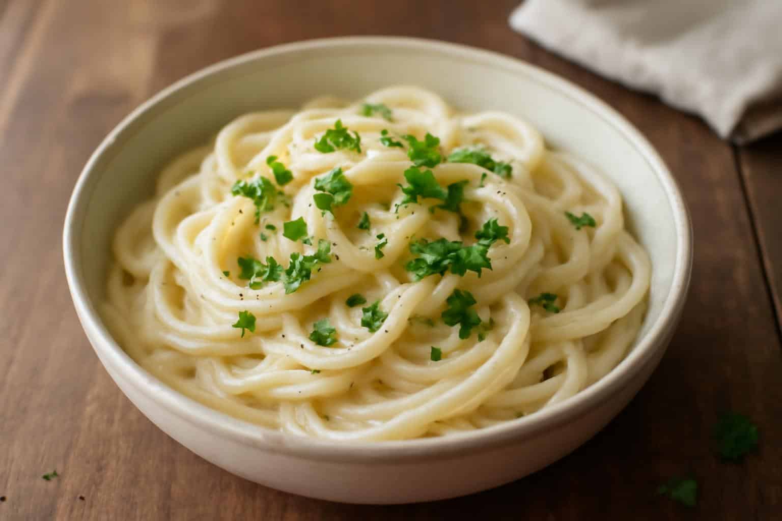 Creamy garlic pasta in a bowl garnished with parsley and black pepper, creamy garlic pasta dish