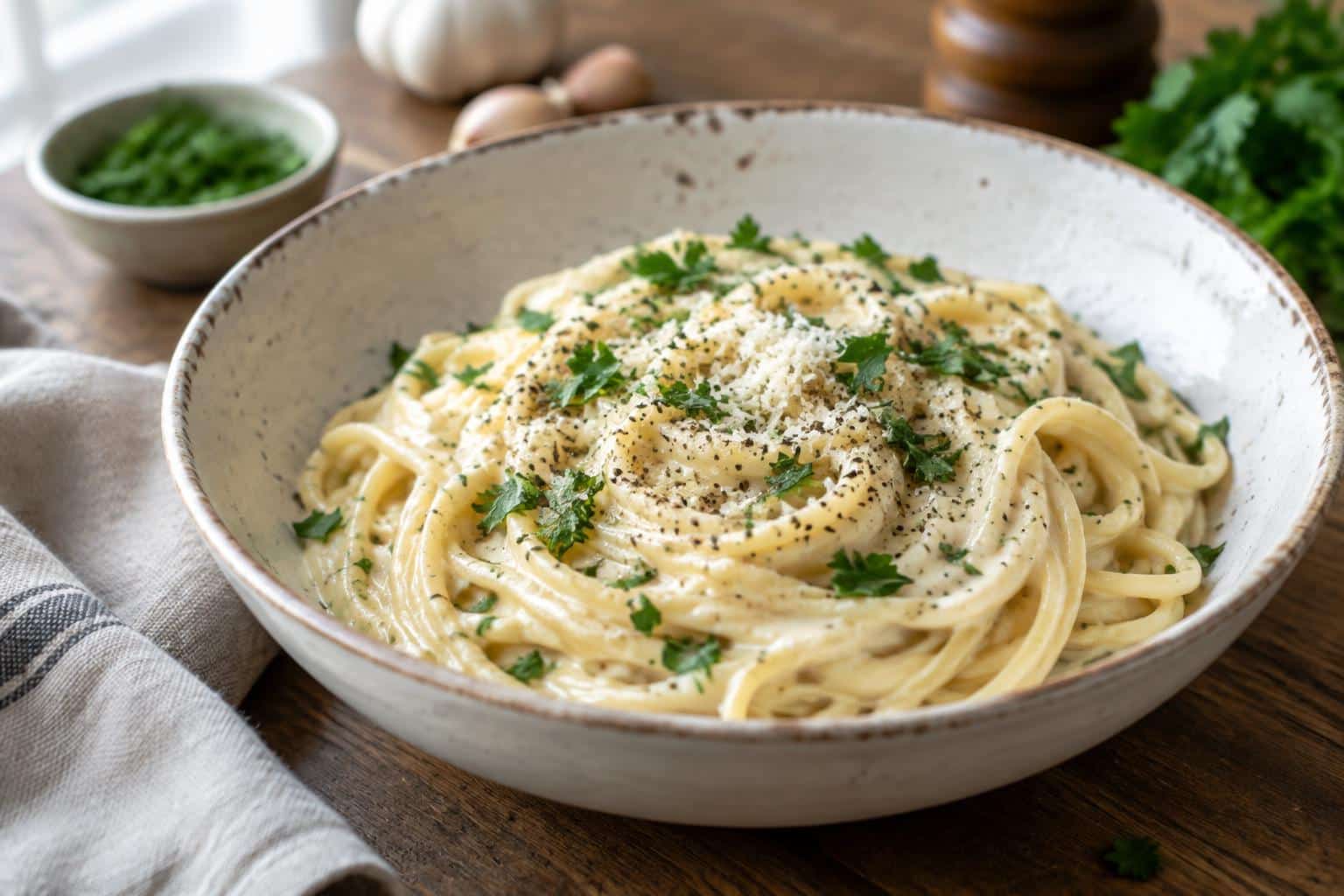Creamy garlic pasta served in a white bowl with parsley garnish, showcasing creamy garlic pasta