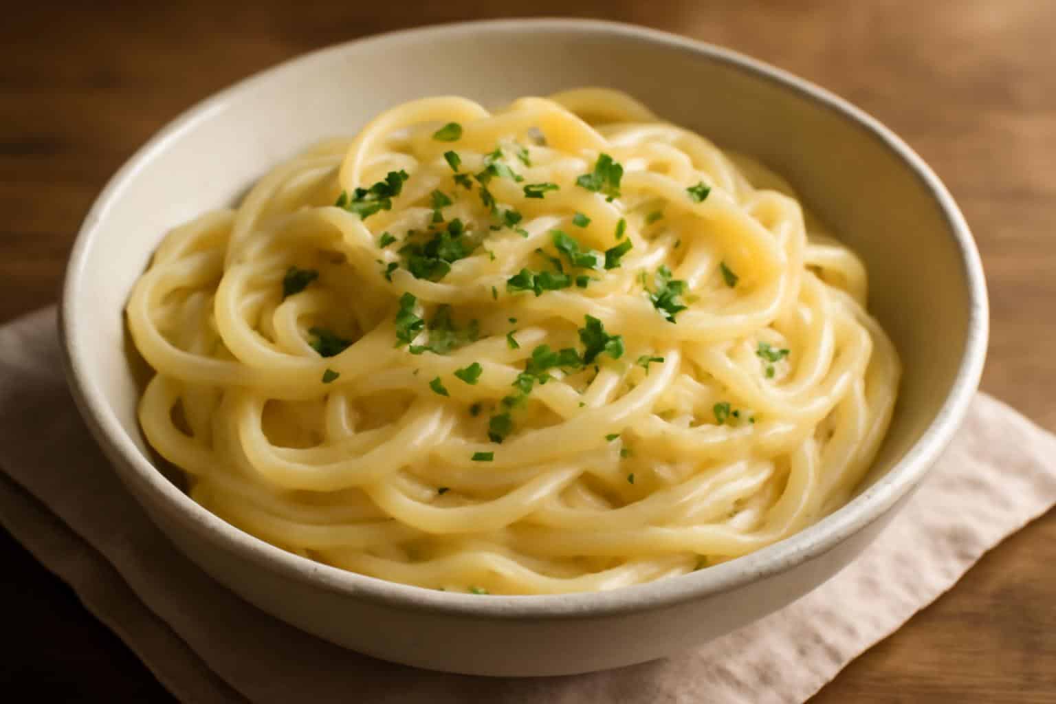 creamy garlic pasta in a white bowl garnished with parsley and black pepper
