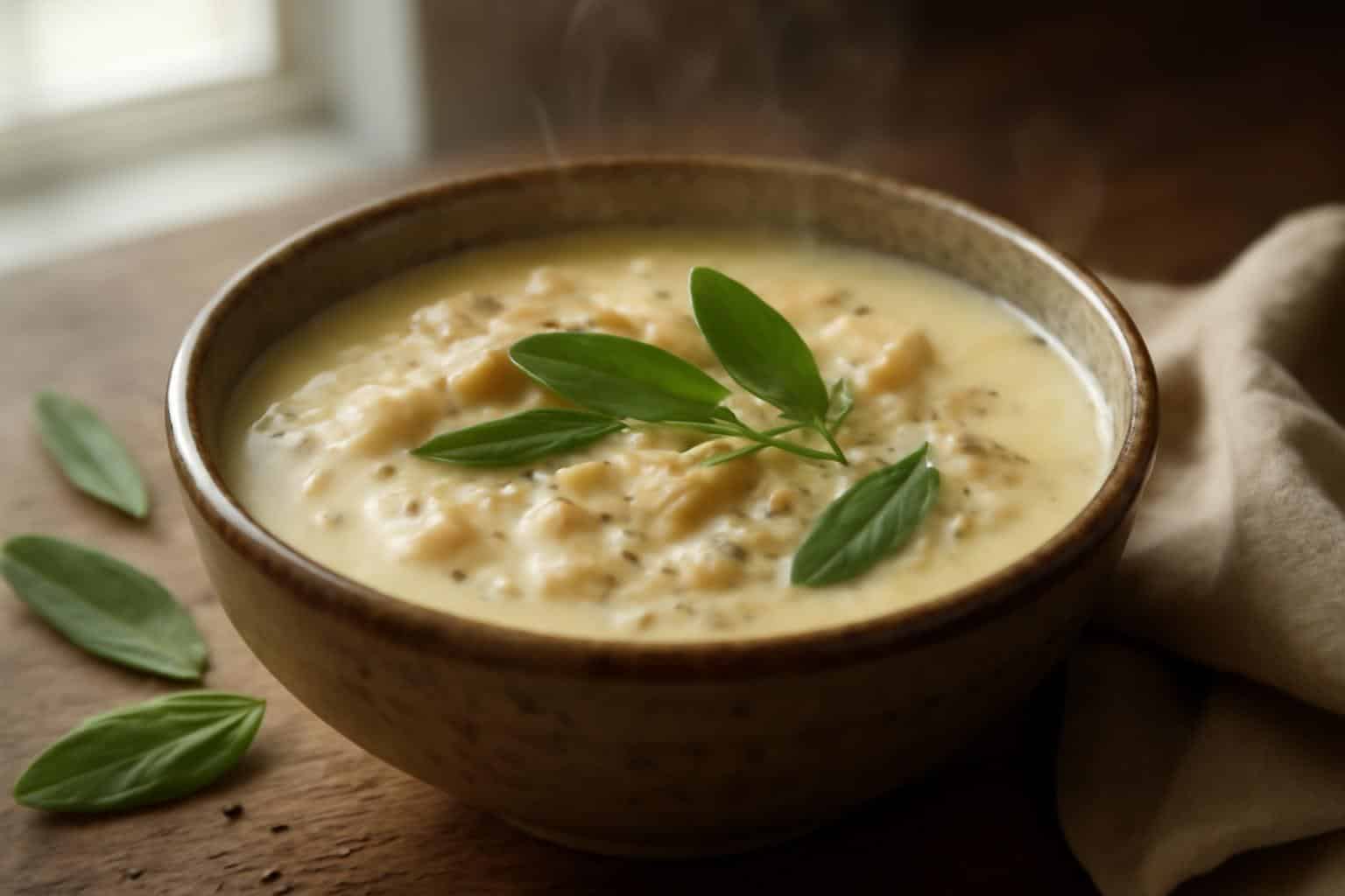 Creamy garlic sage soup in rustic bowl garnished with fresh sage and cracked pepper