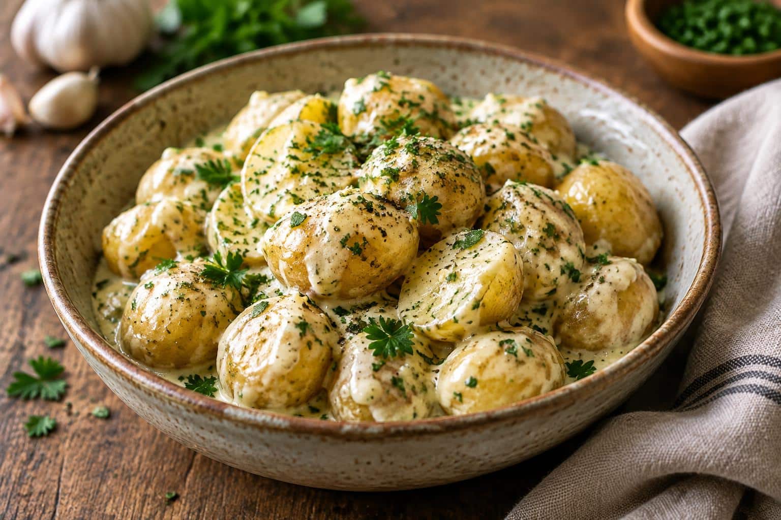 Creamy garlic sauce baby potatoes garnished with parsley and pepper in a rustic bowl