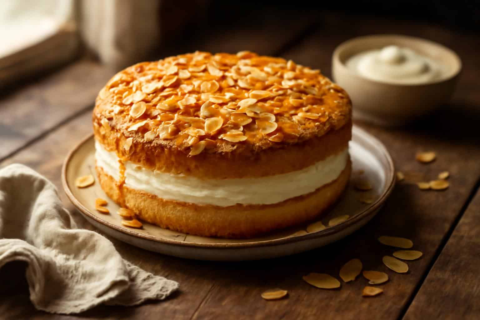 Creamy German bee sting cake with honey-almond topping and smooth cream filling