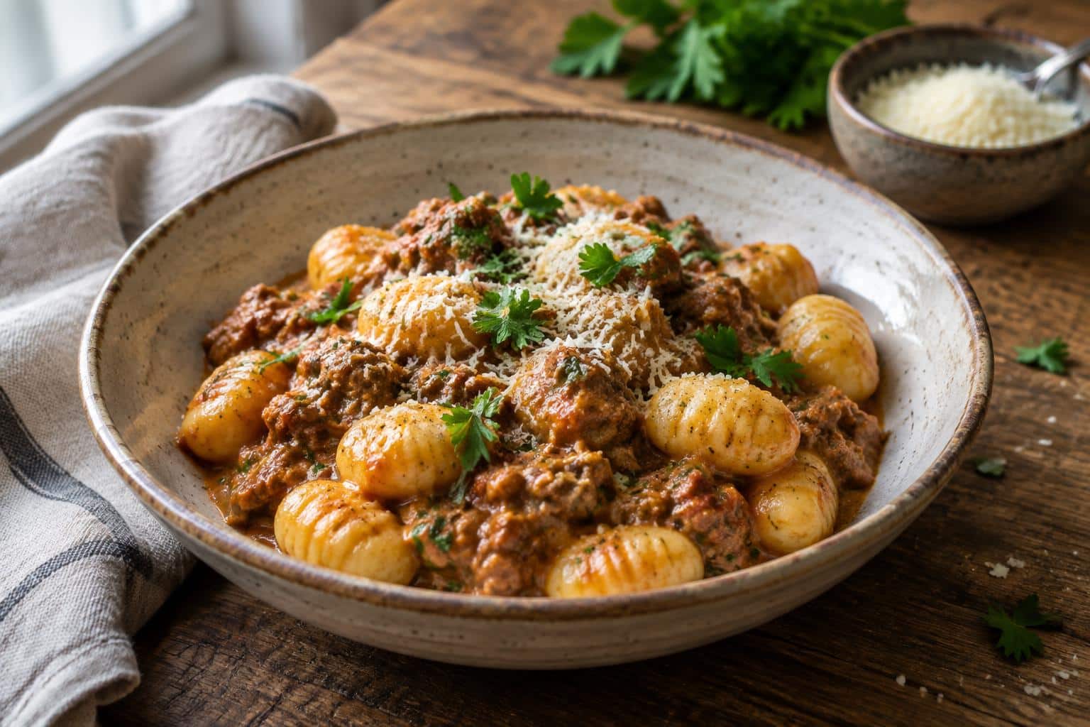 Creamy gnocchi with savory ground beef delight garnished with parsley and Parmesan
