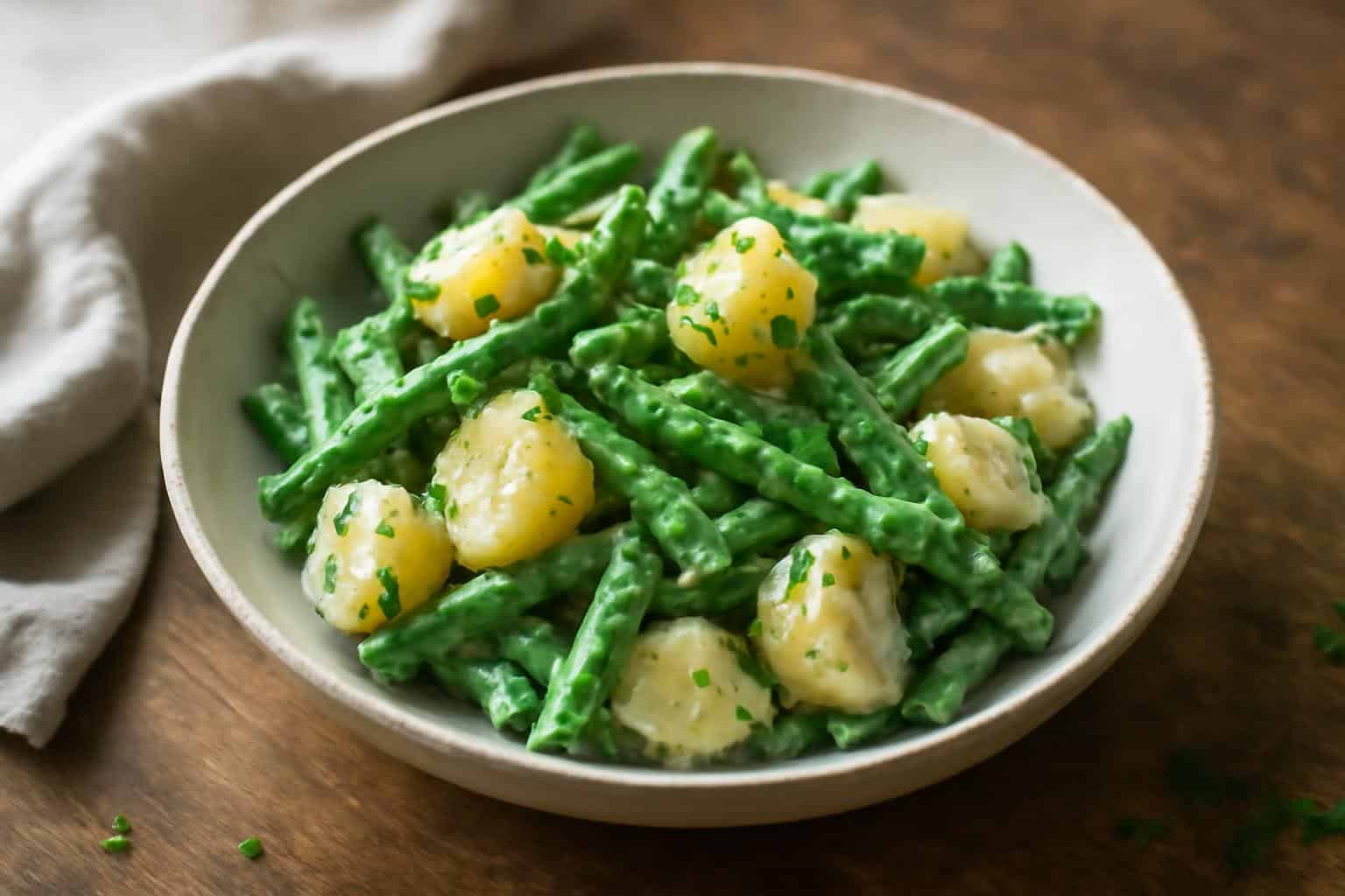 Creamy green bean potato salad with fresh herbs in rustic bowl