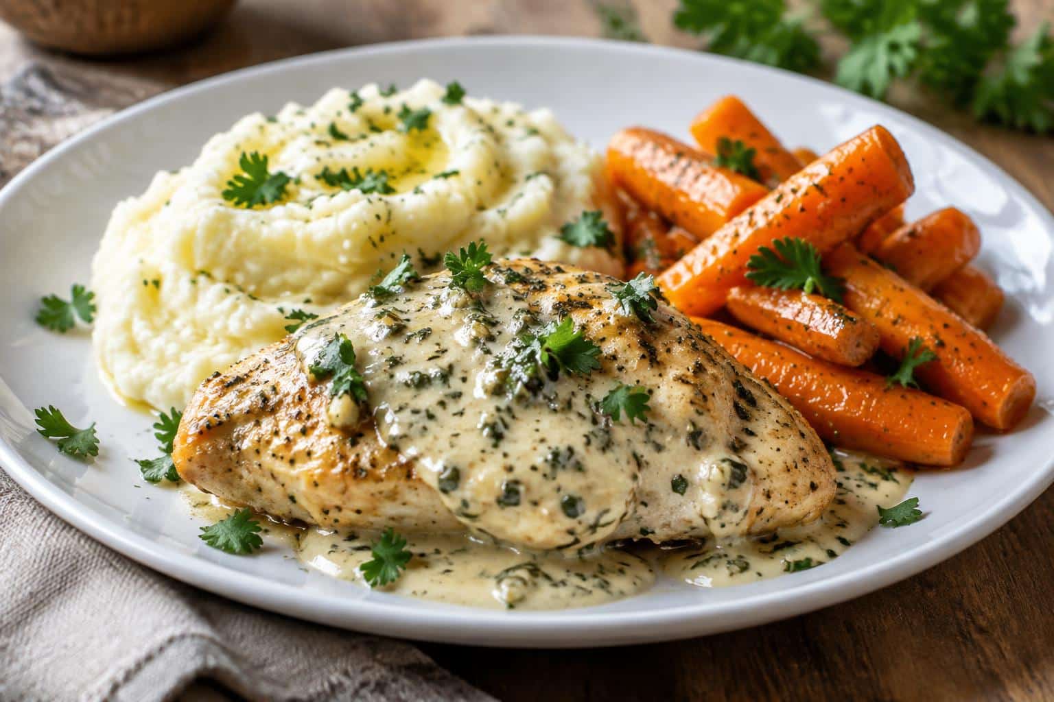Creamy herb chicken served with mashed potatoes and glazed carrots on a white plate