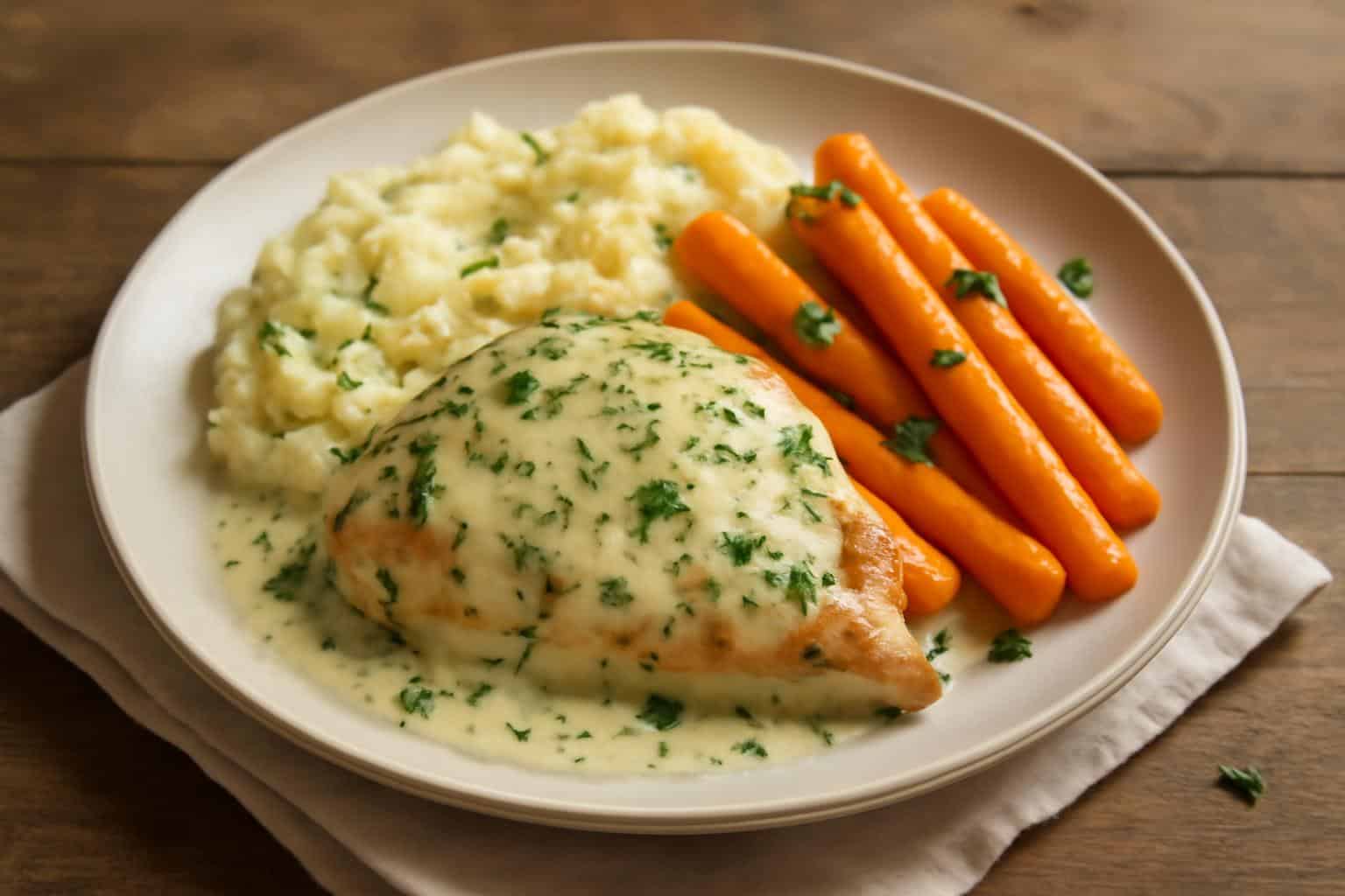Creamy herb chicken served with mashed potatoes and glazed carrots on a white plate