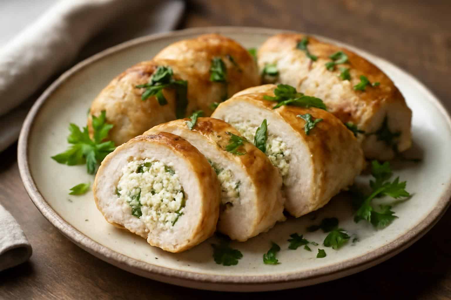 Creamy ricotta chicken rolls sliced and garnished with fresh herbs on a rustic plate