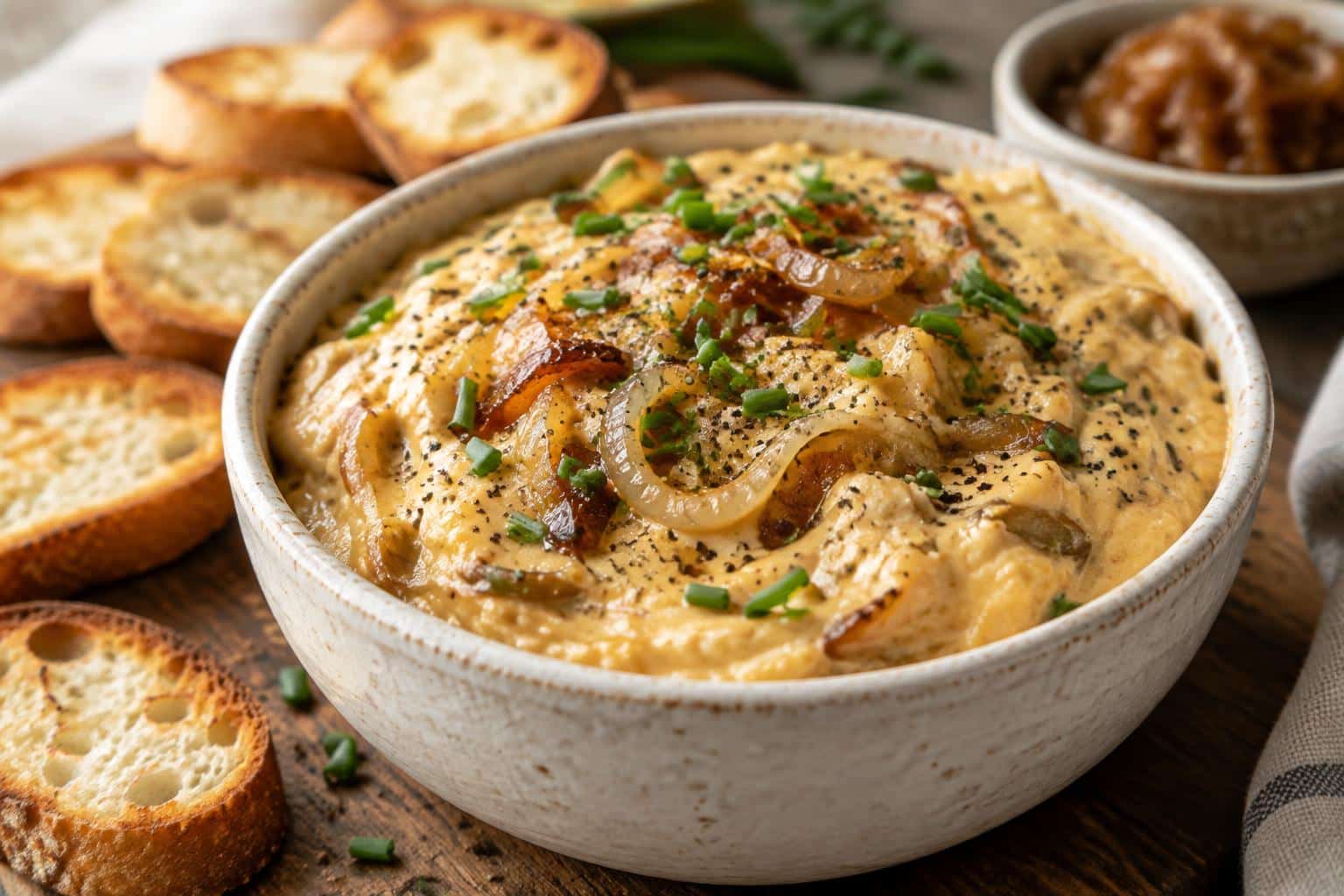 Creamy smoked gouda dip with caramelized onions garnished with chives