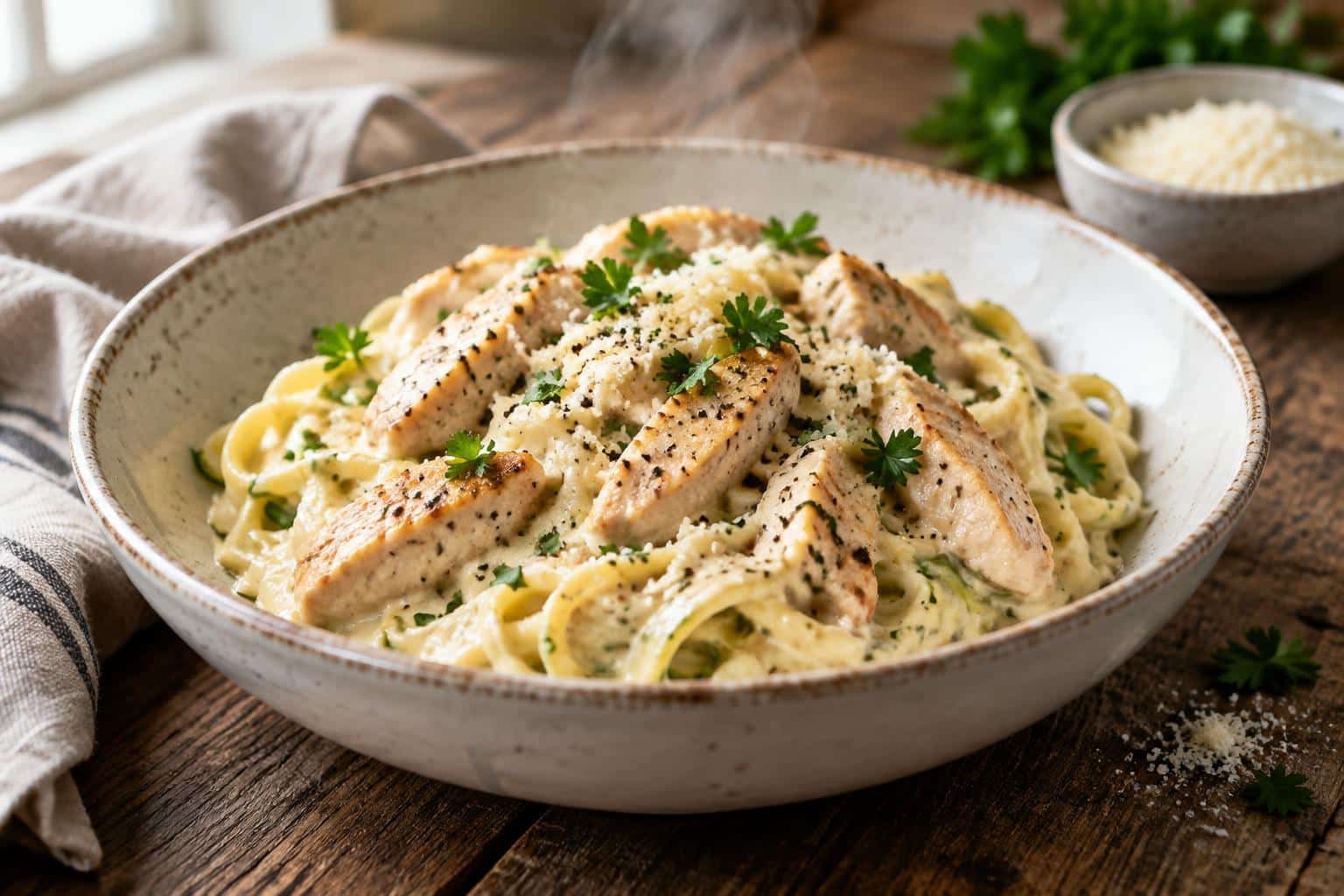 Creamy keto chicken alfredo in a white bowl garnished with parsley and black pepper