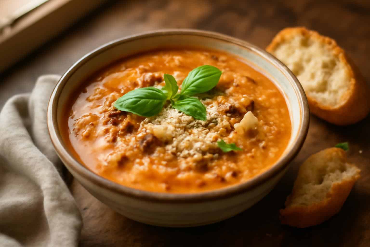 Bowl of creamy lasagna soup garnished with basil and Parmesan cheese