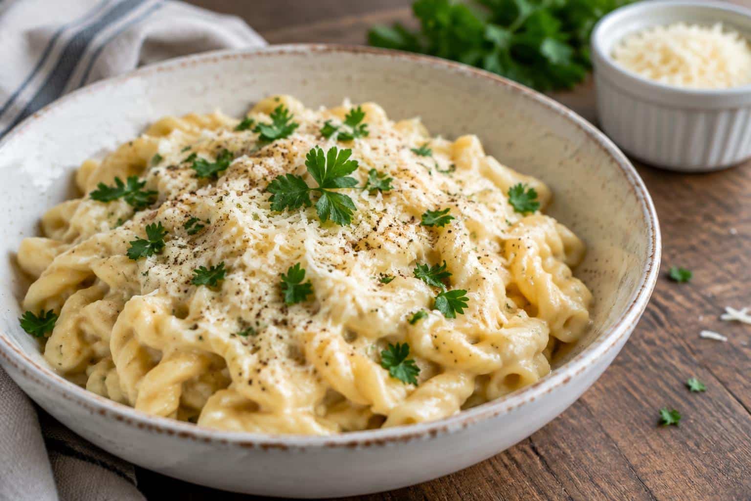 Creamy lazy girl pasta with butter garlic parmesan garnished with parsley