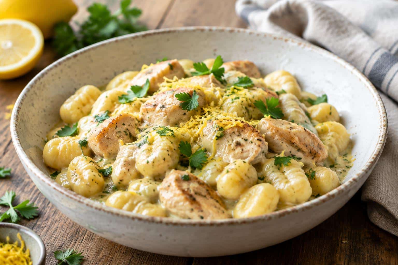 Creamy lemon chicken gnocchi garnished with parsley and lemon zest in a rustic bowl