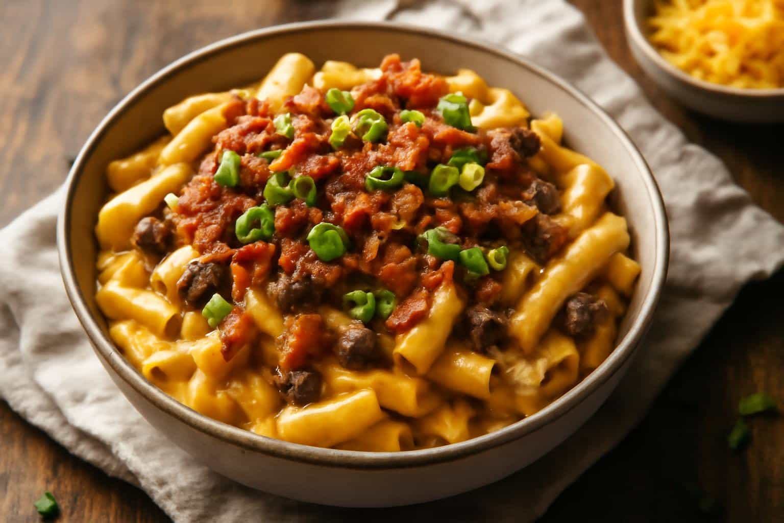 Creamy loaded bacon cheeseburger pasta served in a bowl with garnish, showcasing bacon cheeseburger pasta