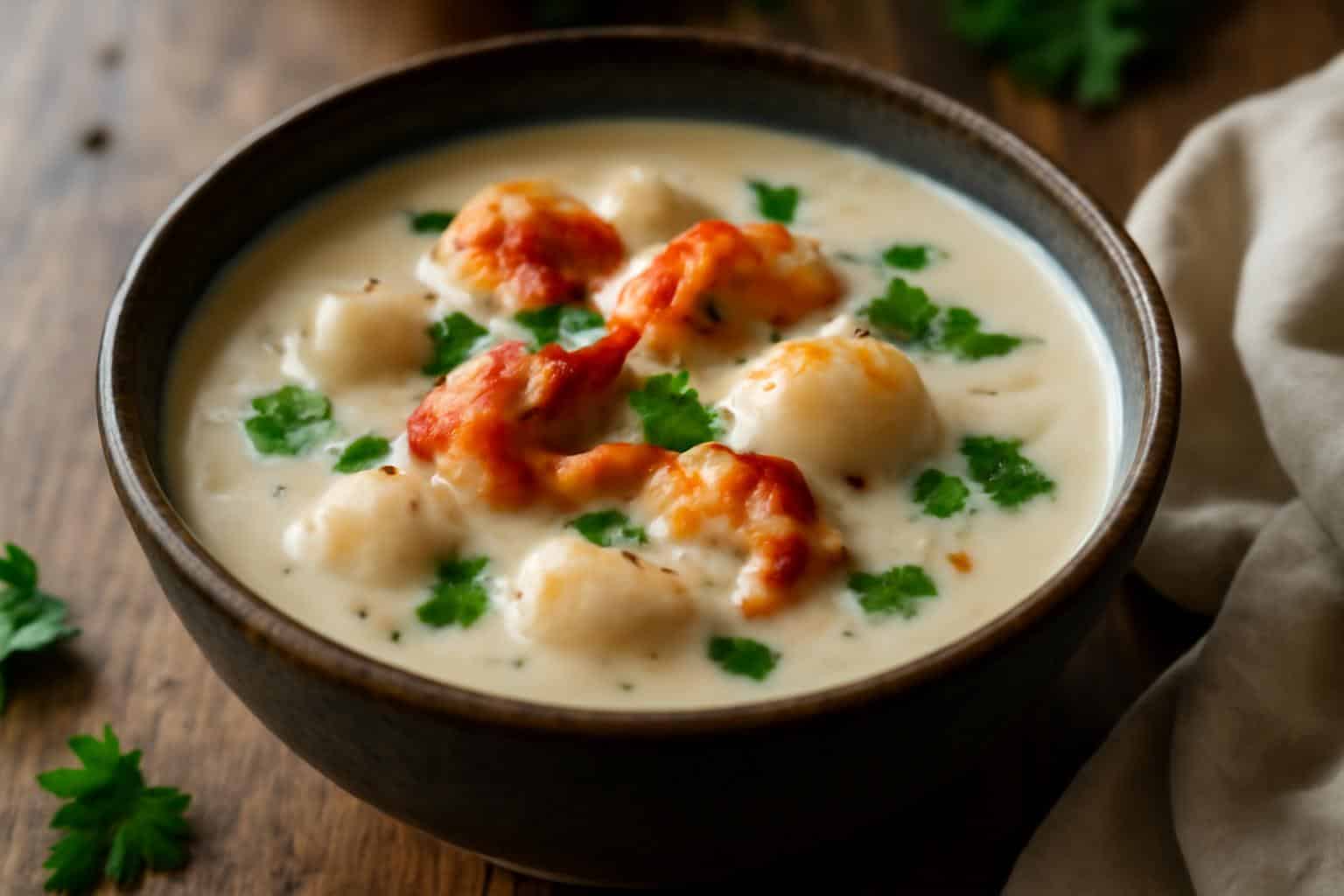Creamy lobster scallop chowder in a bowl garnished with parsley and black pepper