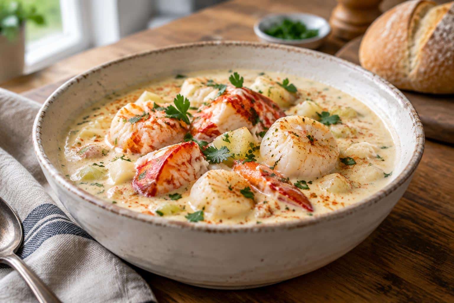Creamy lobster scallop chowder in white bowl garnished with parsley and paprika