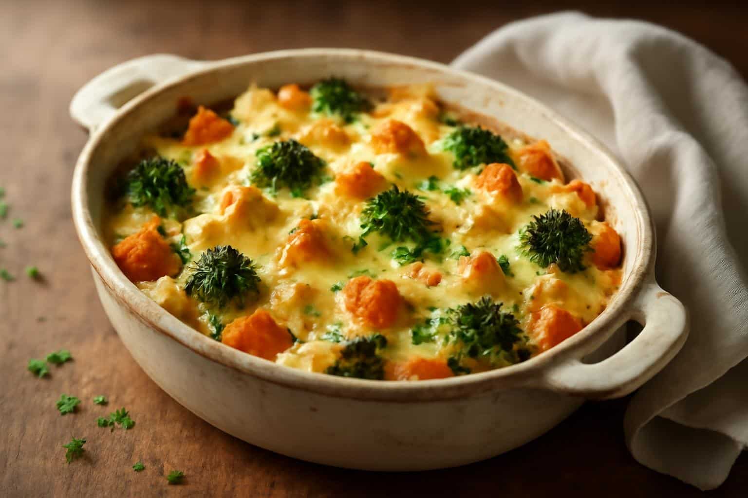 Creamy roasted vegetable bake with melted cheese and fresh herbs in a rustic dish