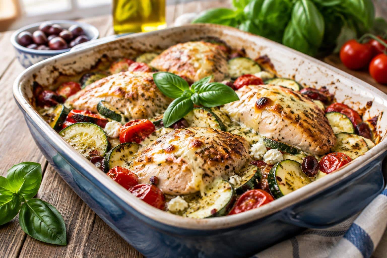 Creamy Mediterranean chicken bake with zucchini in a ceramic dish, golden cheese topping, fresh basil garnish