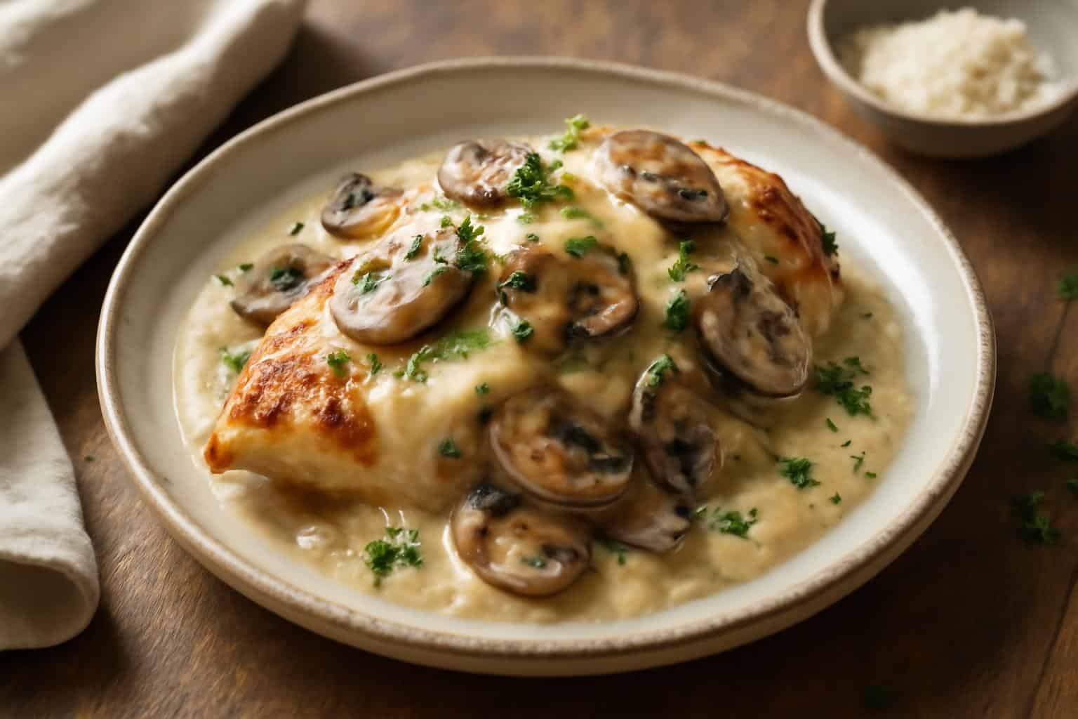 Creamy mushroom asiago chicken served with sautéed mushrooms and garnished with parsley