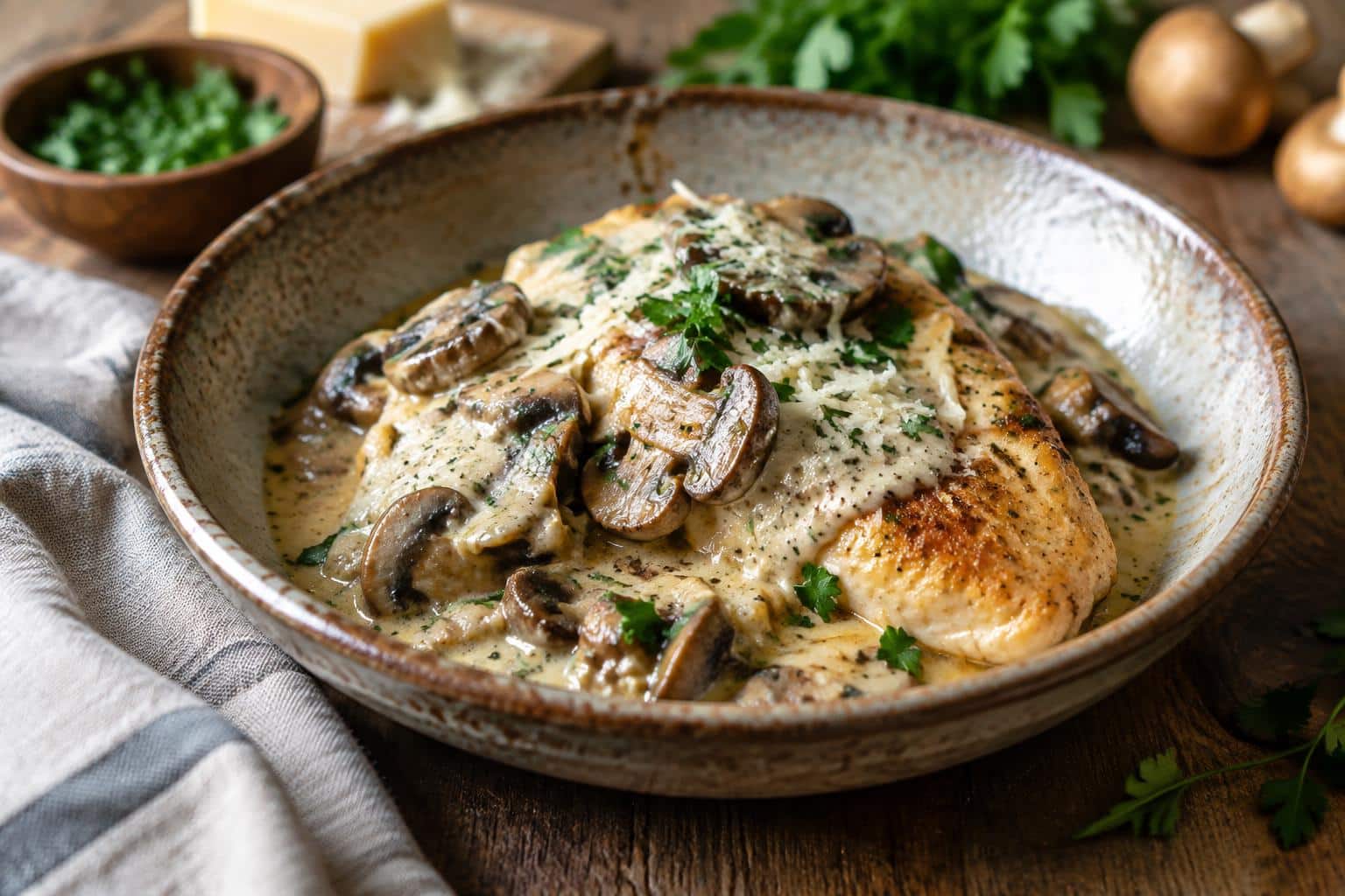 Creamy mushroom asiago chicken served in a rustic bowl with fresh parsley garnish