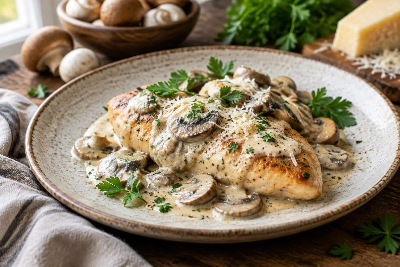 Creamy mushroom asiago chicken served on a rustic plate with parsley garnish