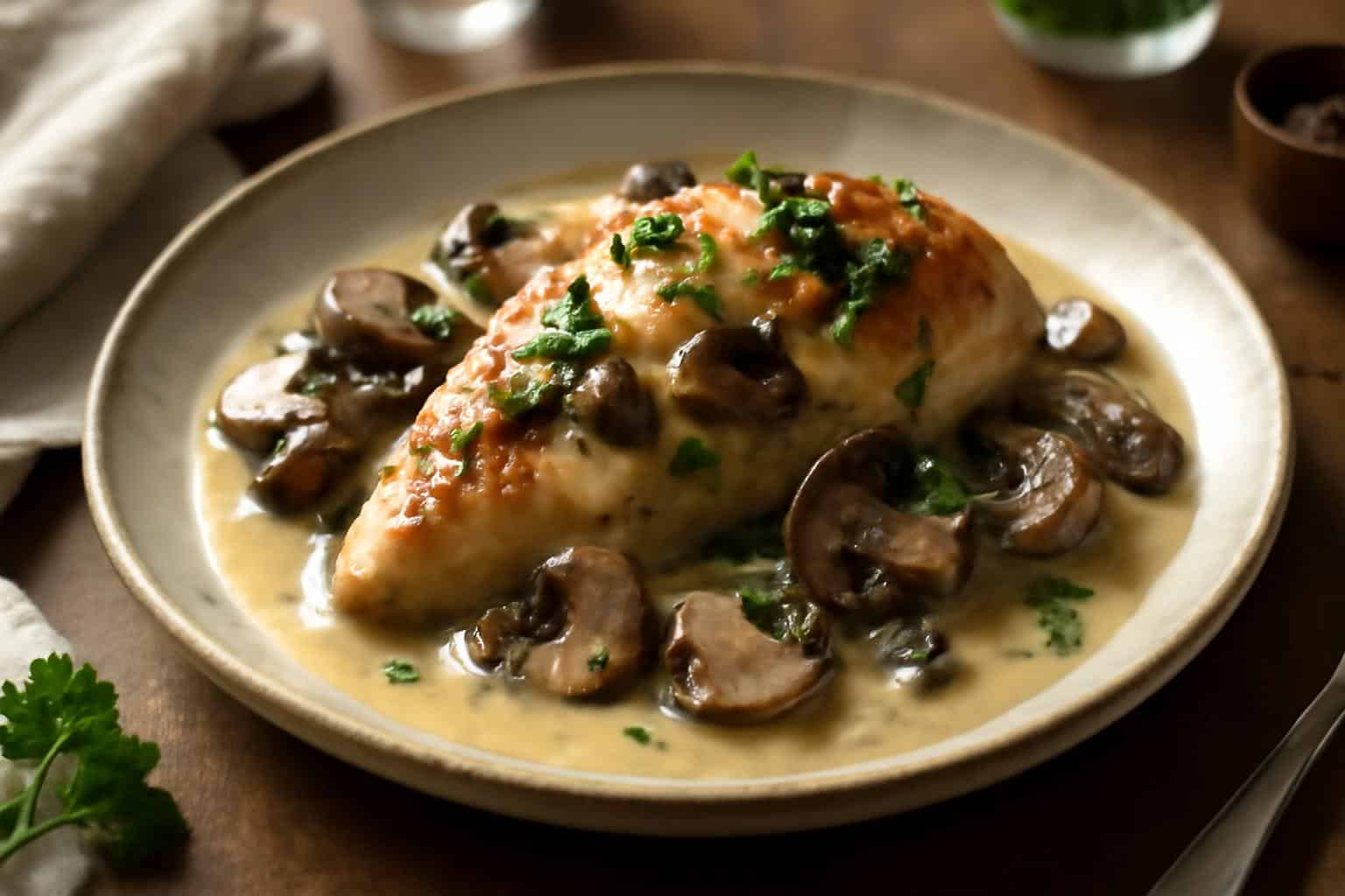 Creamy mushroom asiago chicken with sautéed mushrooms and parsley garnish served on a rustic plate