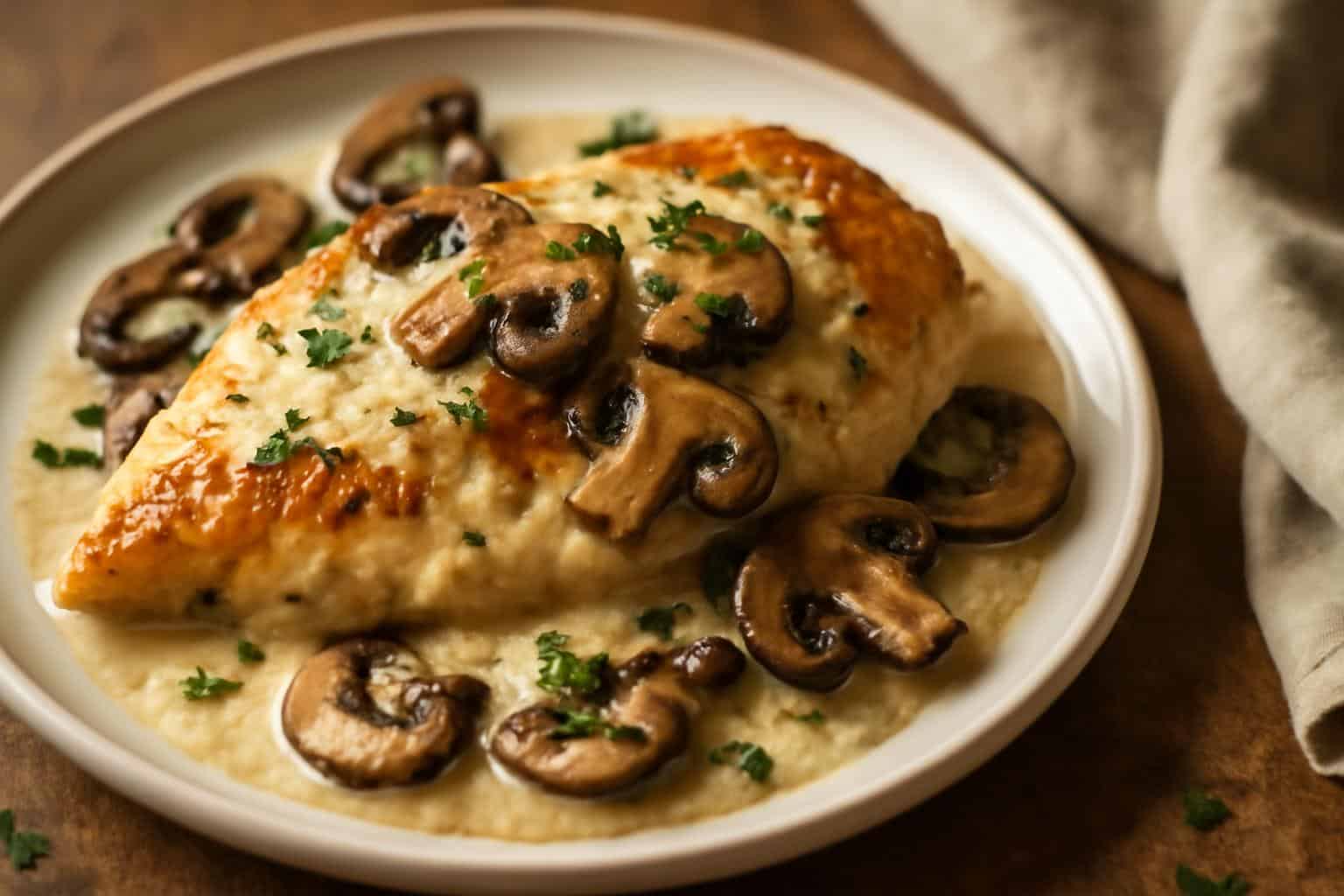 Creamy mushroom asiago chicken served with sautéed mushrooms and parsley garnish