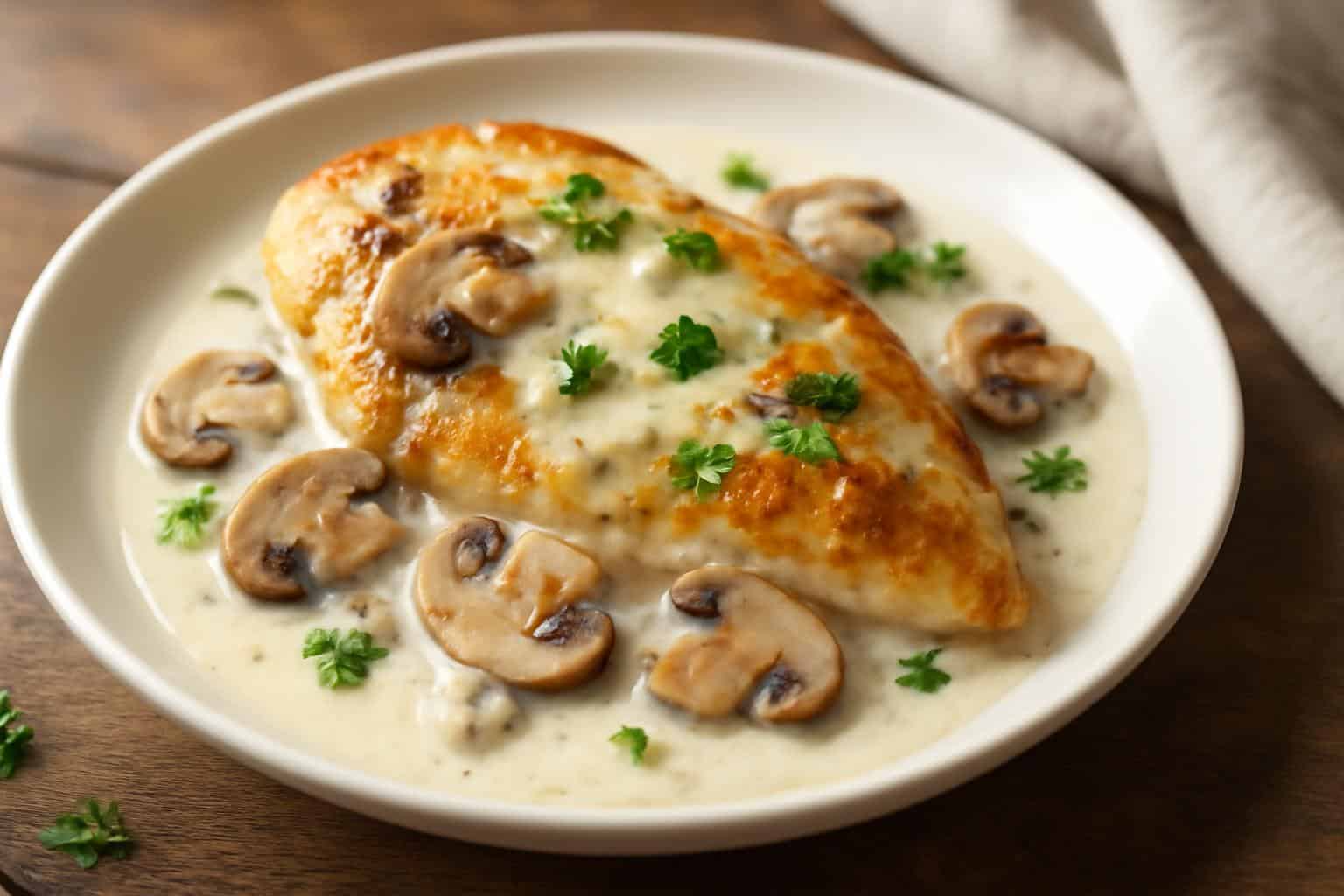 Creamy mushroom asiago chicken plated with garnish and creamy sauce over sautéed mushrooms