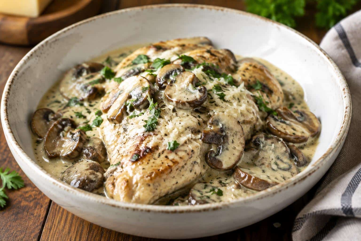 Creamy mushroom asiago chicken with sautéed mushrooms and parsley garnish