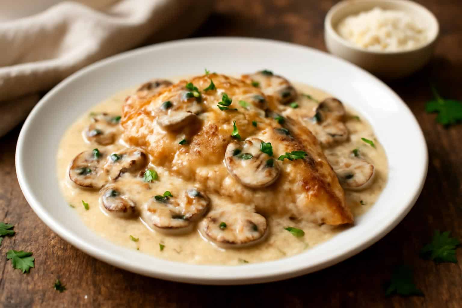 Creamy mushroom asiago chicken plated with parsley garnish and creamy sauce
