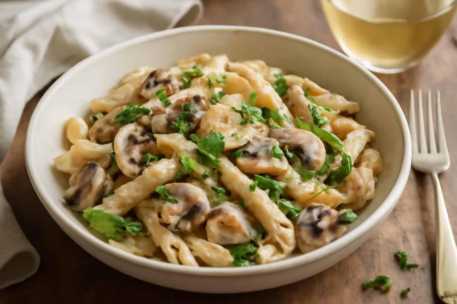 Creamy chicken penne with mushrooms and asparagus garnished with parsley and Parmesan