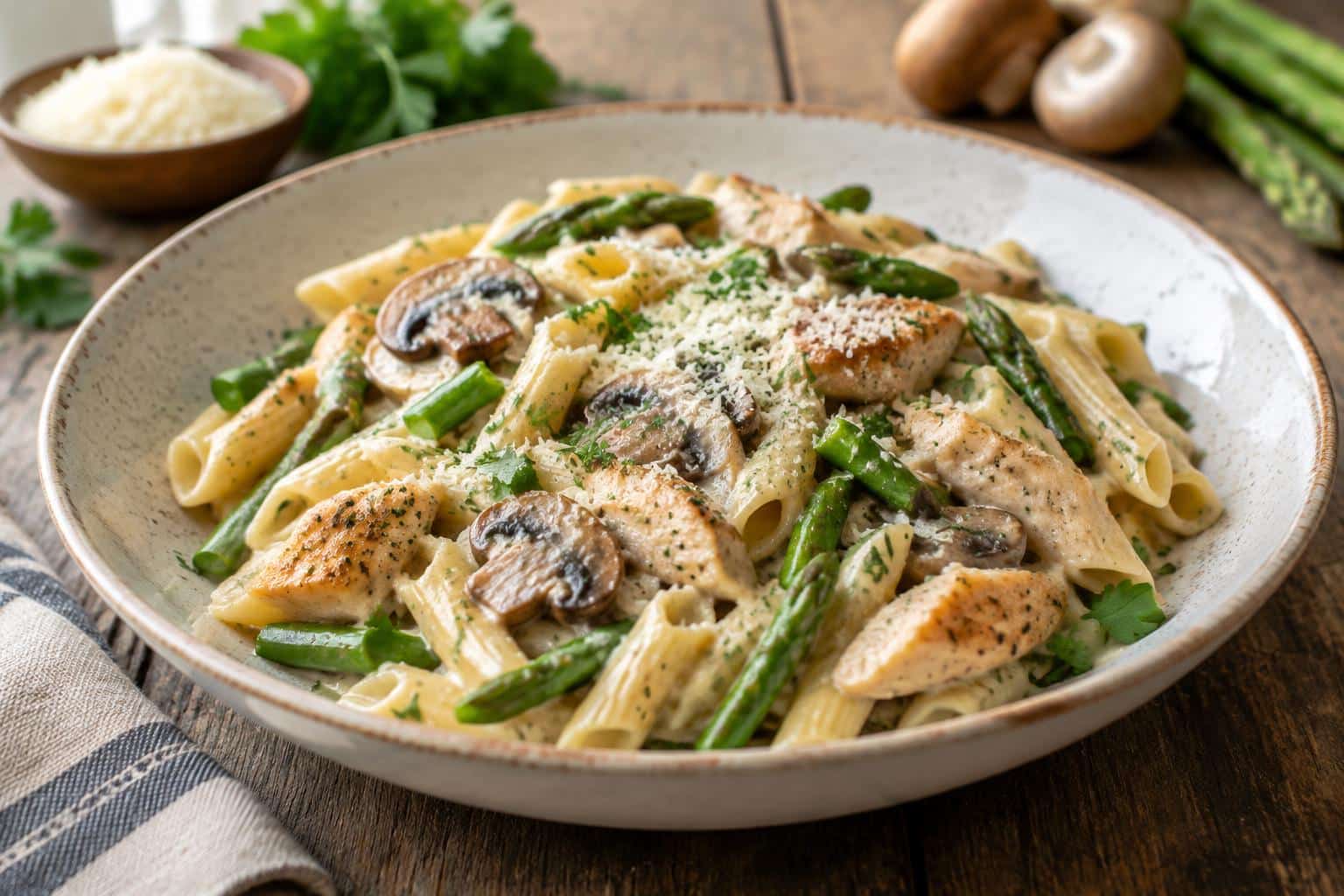 Creamy mushroom asparagus chicken penne pasta served with fresh parsley garnish