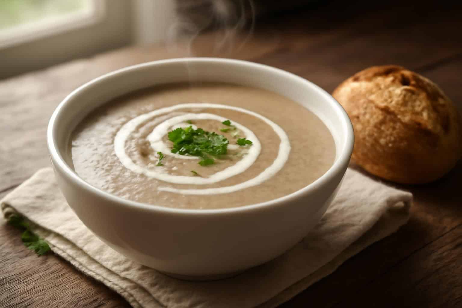 Creamy mushroom bisque in a white bowl garnished with parsley, showcasing rich texture and cozy comfort