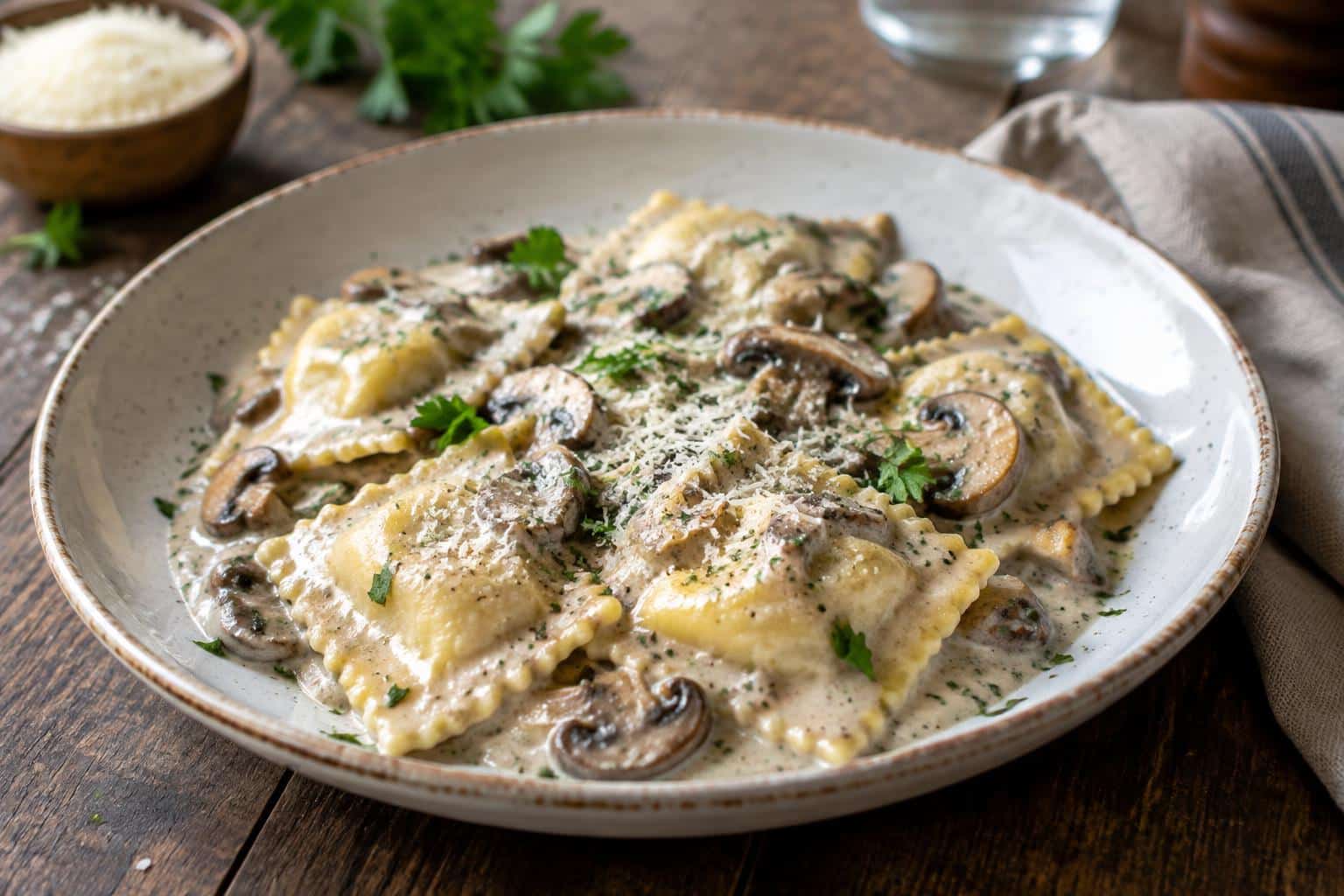 Creamy mushroom sauce on ravioli garnished with parsley and Parmesan
