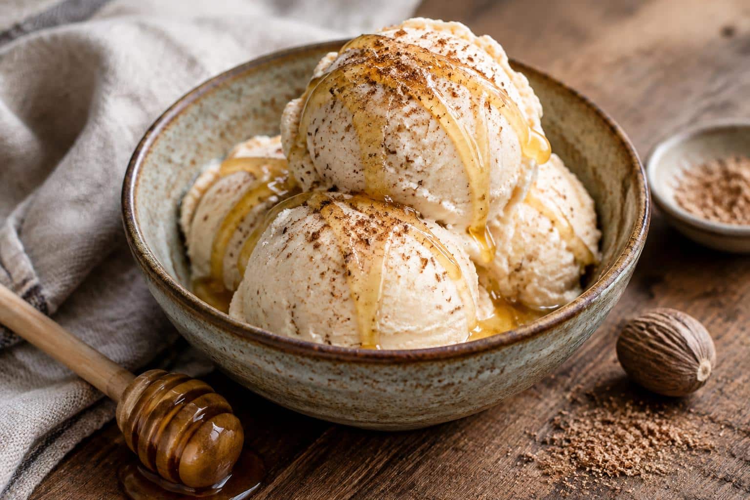 Creamy nutmeg honey ice cream in rustic bowl with honey drizzle and nutmeg garnish