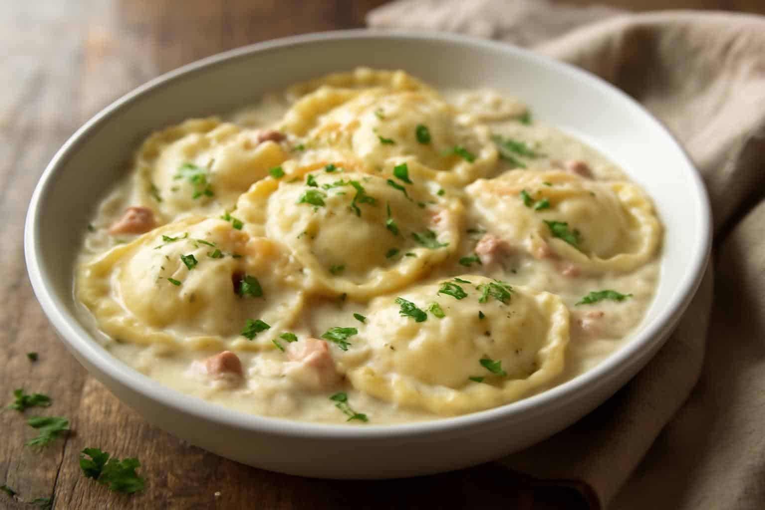 Creamy Olive Garden ravioli carbonara served in a white bowl garnished with parsley and pepper
