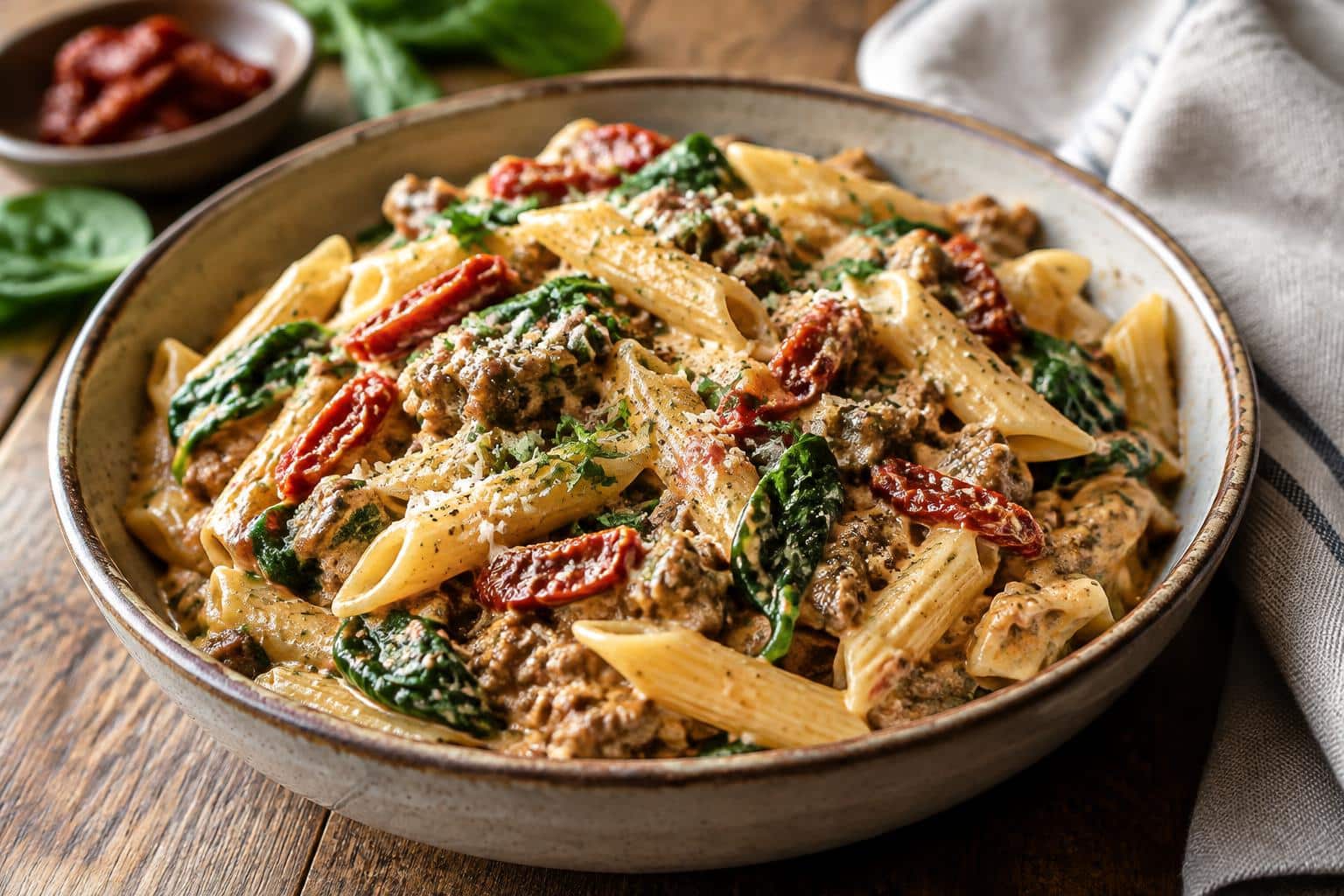 Creamy Tuscan ground beef pasta served in a bowl with fresh spinach and sun-dried tomatoes