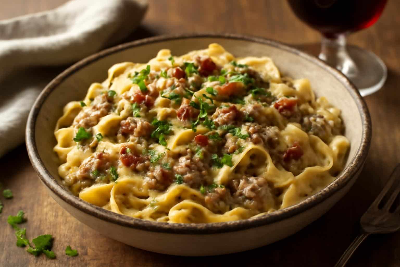 Creamy Tuscan ground beef pasta garnished with parsley and sun-dried tomatoes