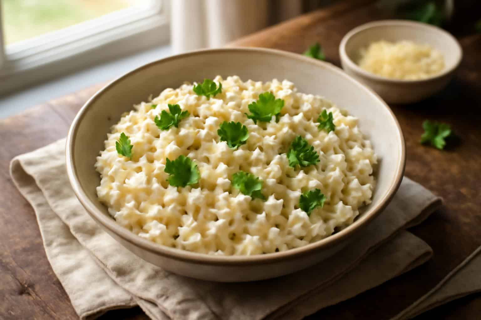 Bowl of creamy orzo with cottage cheese delight garnished with parsley and pepper