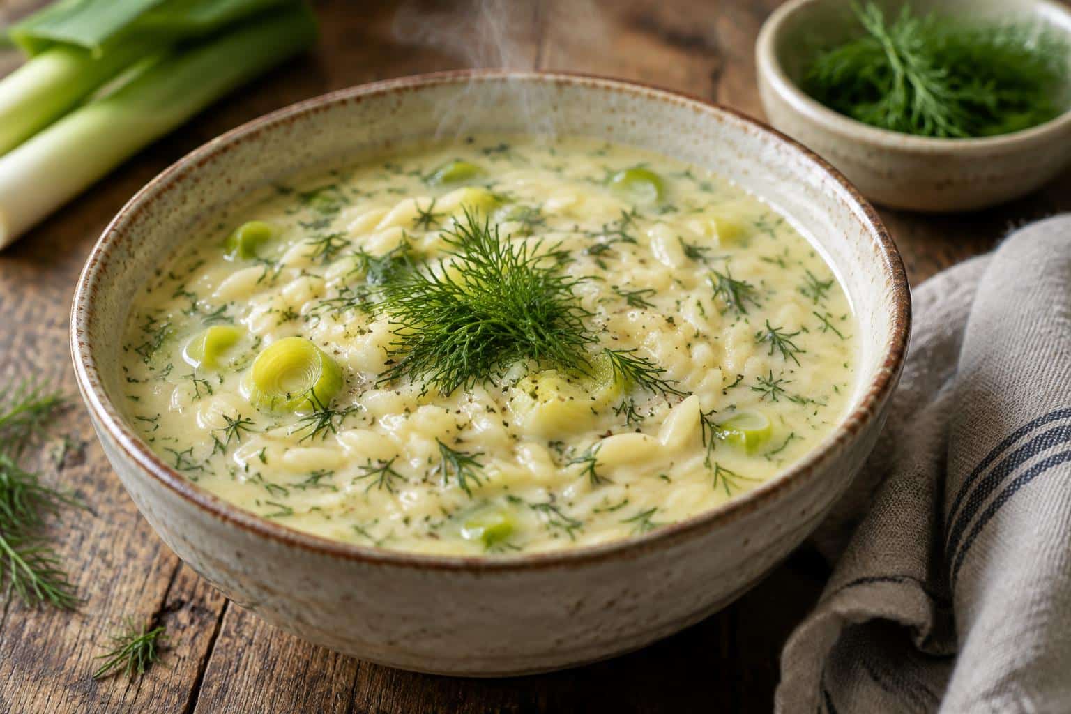 Creamy orzo soup with fresh leeks and dill garnish in a bowl, creamy orzo soup