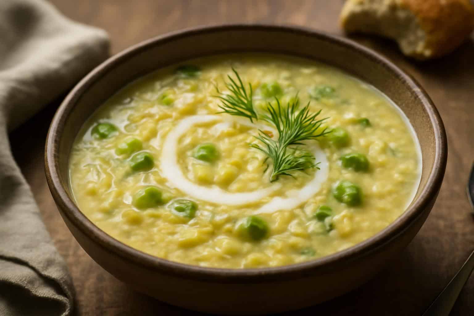 Creamy orzo soup with leek and dill in rustic bowl garnished with fresh dill
