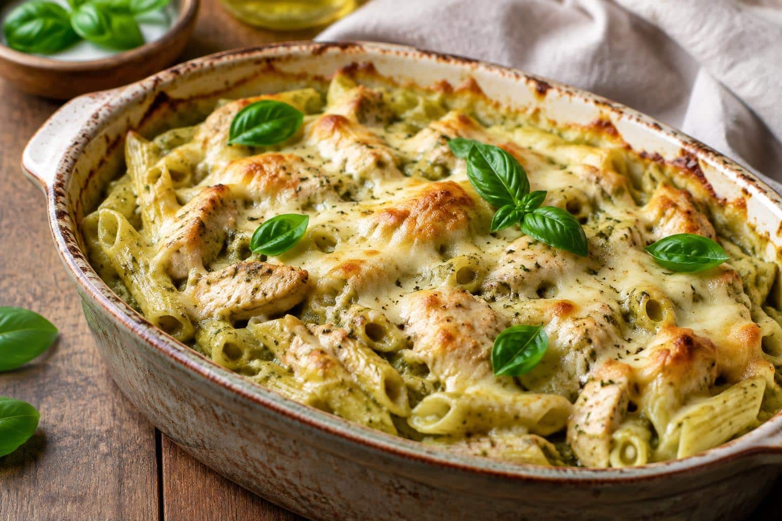 Creamy pesto chicken pasta bake with melted cheese and basil garnish in a rustic dish