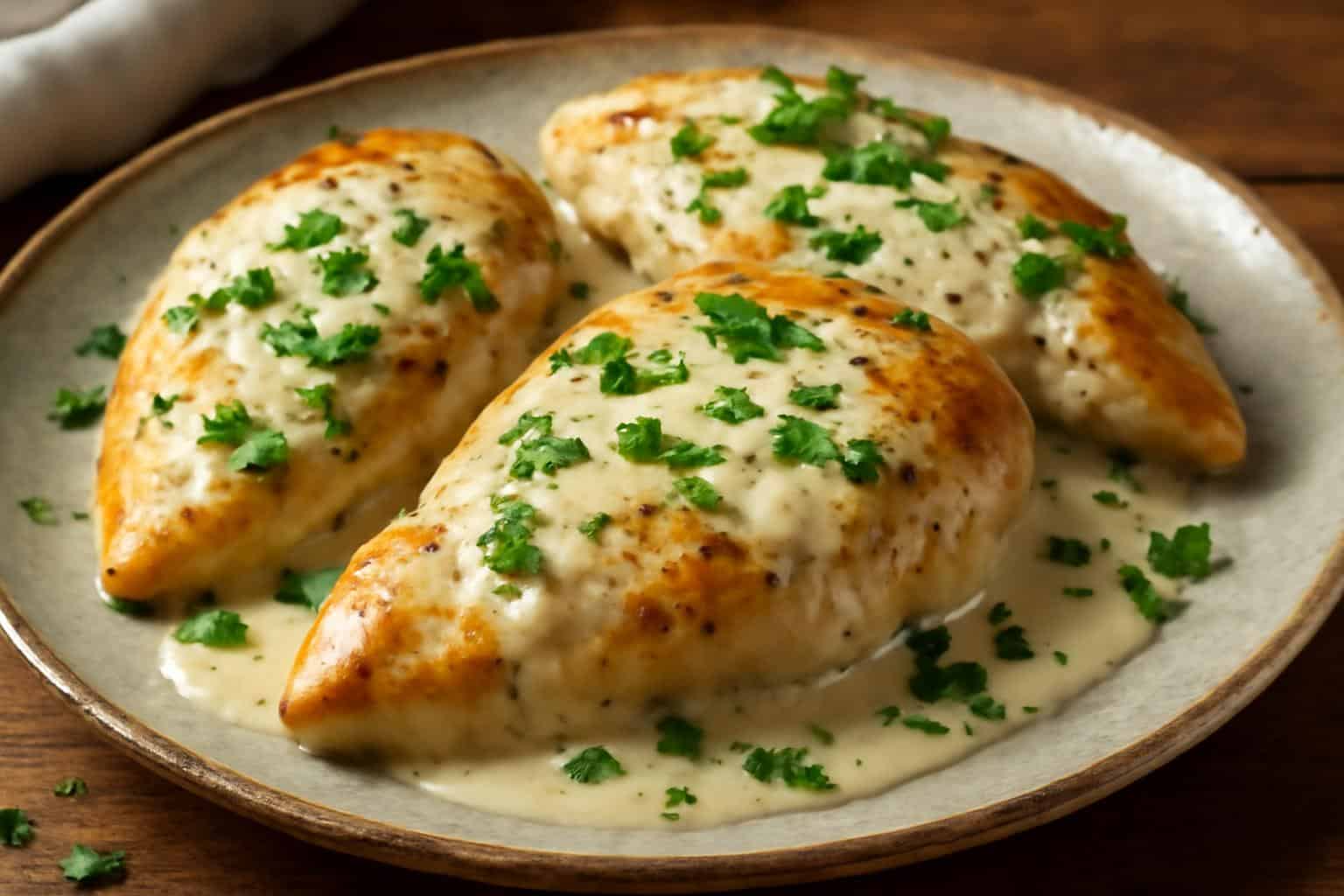 Creamy ranch chicken skillet with pan seared chicken in ranch sauce garnished with parsley