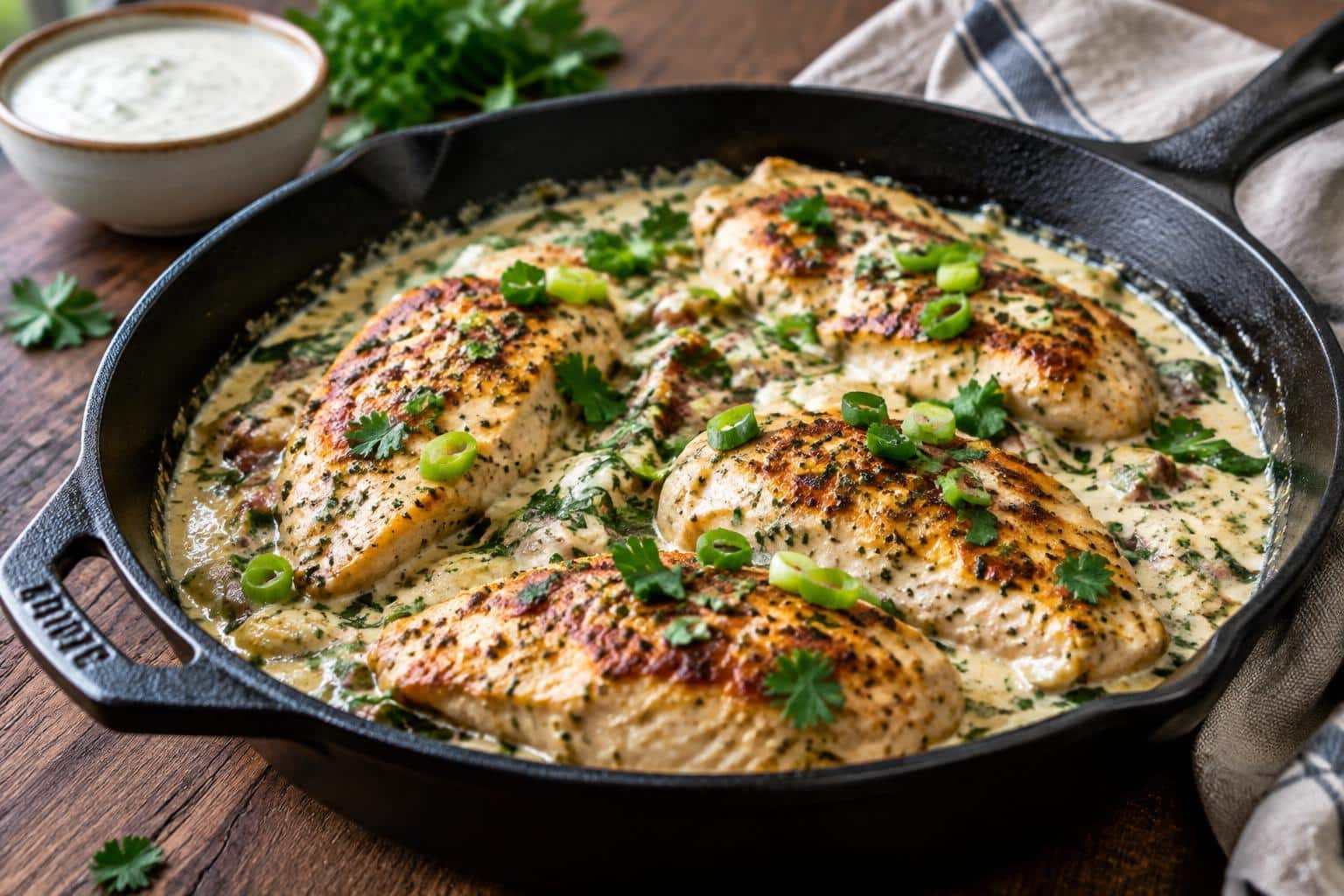 Creamy ranch chicken skillet with golden pan seared chicken and creamy ranch sauce topped with fresh parsley