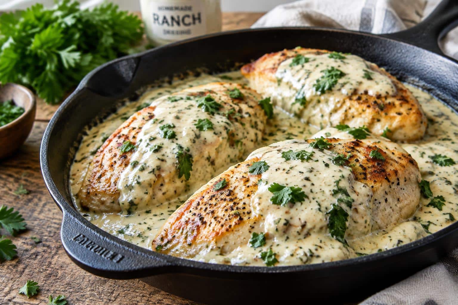 Creamy ranch chicken skillet with golden pan seared chicken and creamy ranch sauce garnished with parsley
