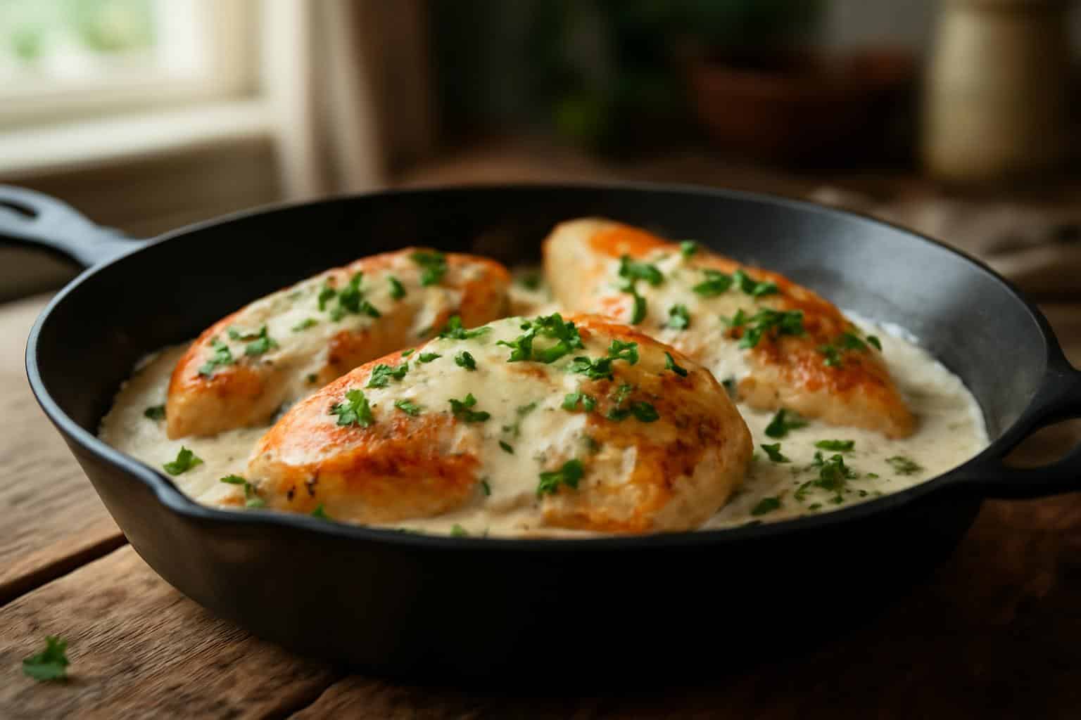 Creamy ranch chicken skillet with pan seared chicken and creamy ranch sauce garnished with parsley