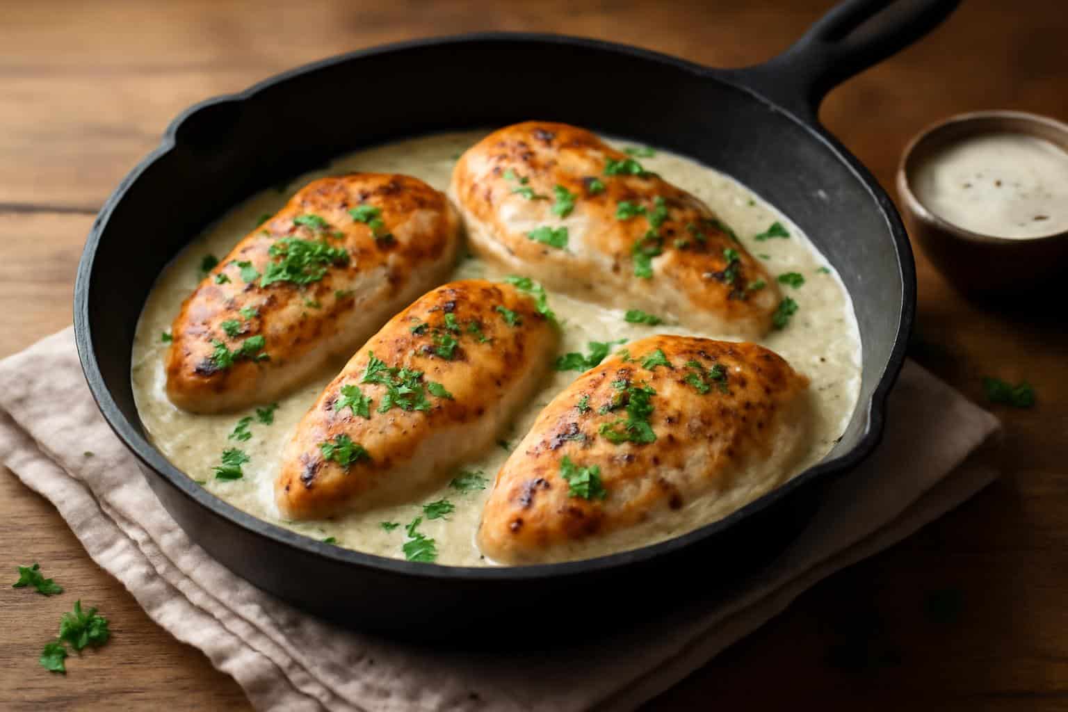 Creamy ranch chicken skillet with pan seared chicken and creamy ranch sauce garnished with parsley