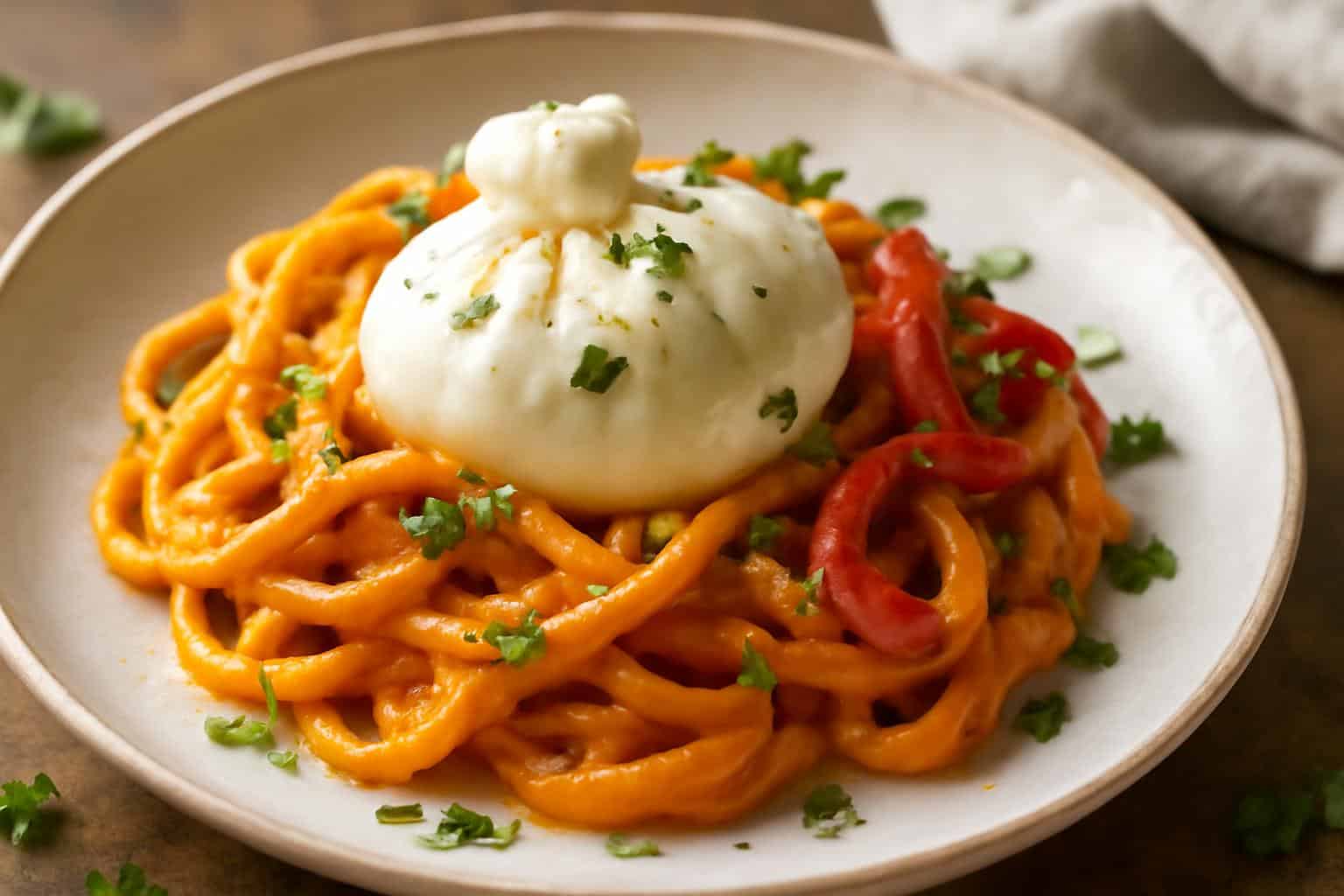 Creamy red pepper pasta topped with luscious burrata and fresh herbs