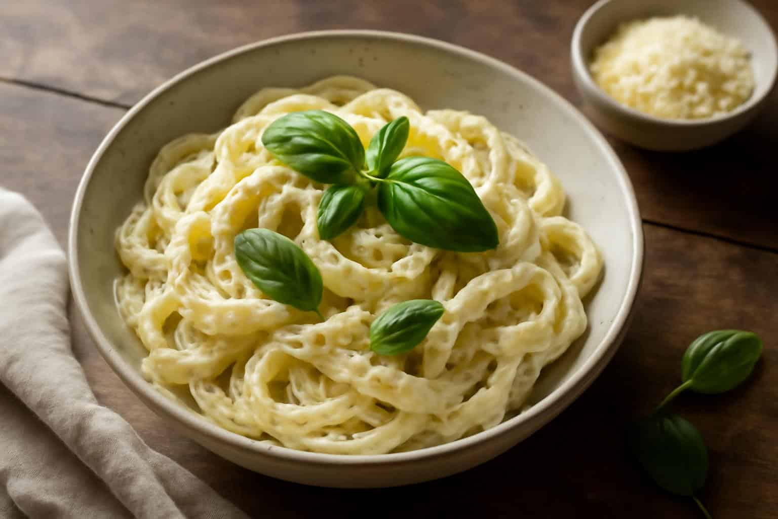 Bowl of creamy ricotta pasta garnished with fresh basil and black pepper, showcasing creamy ricotta pasta