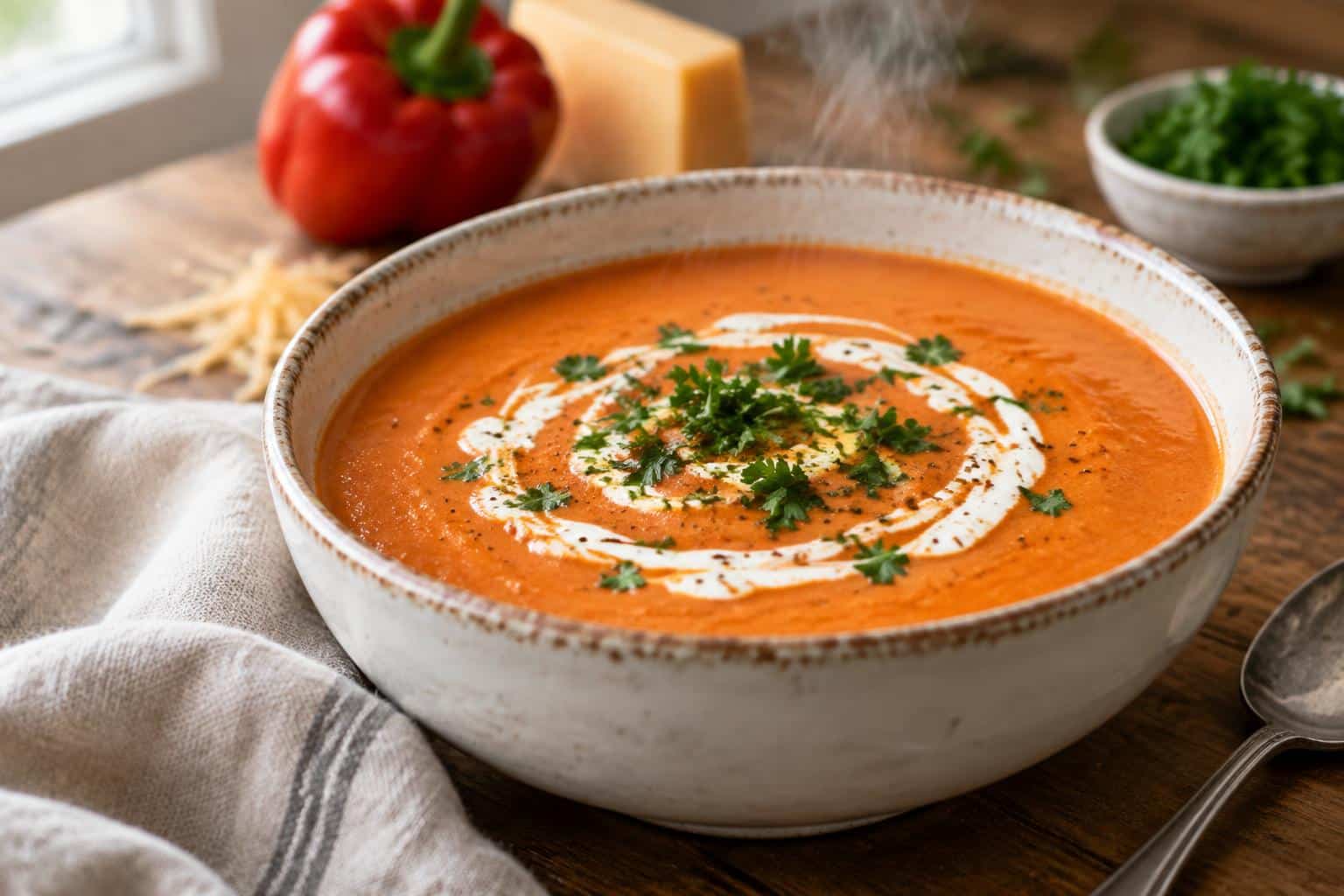 Creamy roasted red pepper gouda soup garnished with parsley, showing smooth texture and rich color