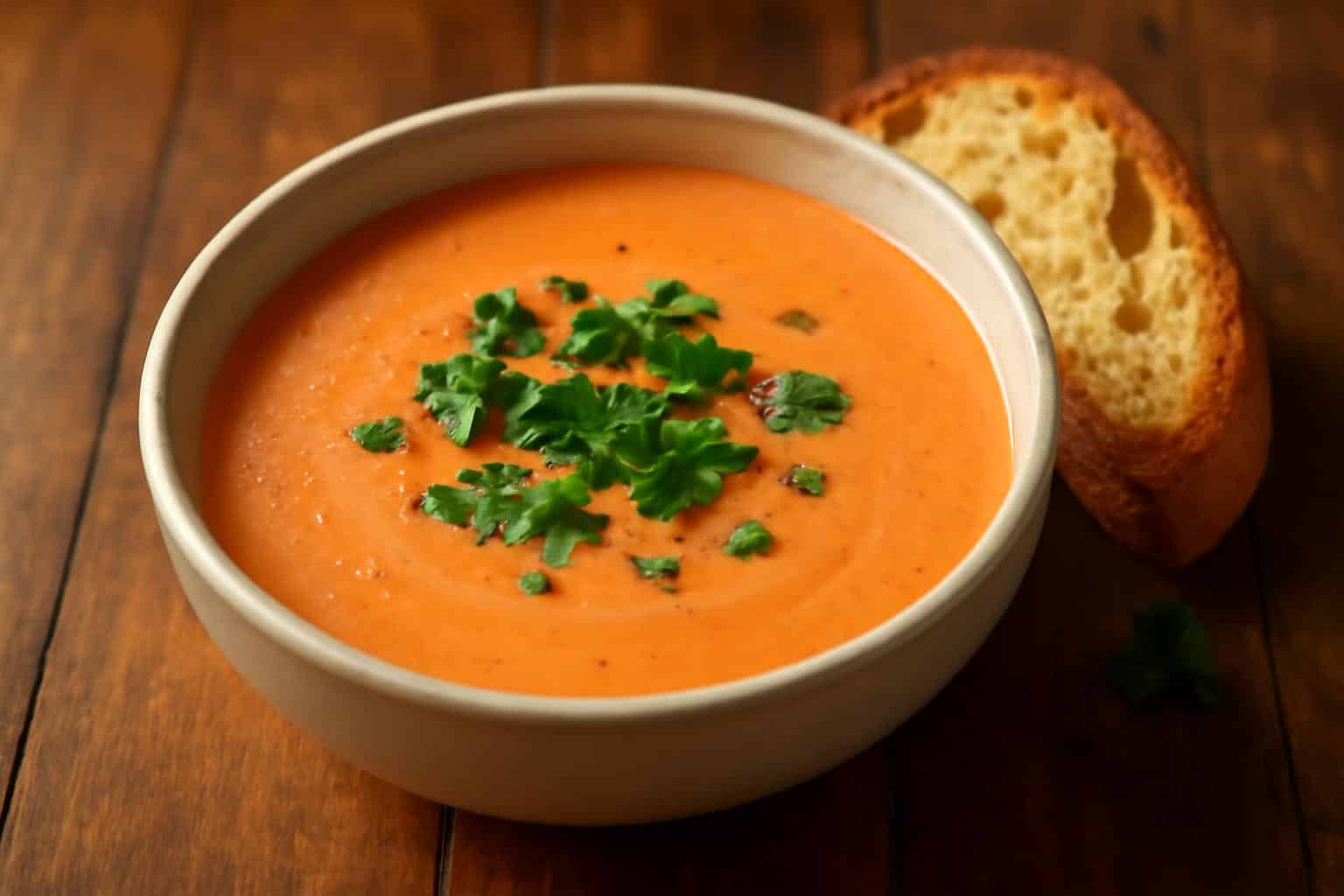 Creamy roasted red pepper gouda soup garnished with parsley and served with crusty bread